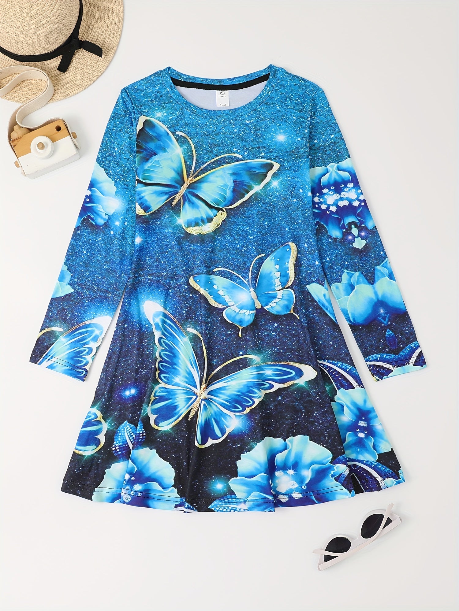 Dreamy Butterfly Starry Night Long Sleeve Dress Girls Party