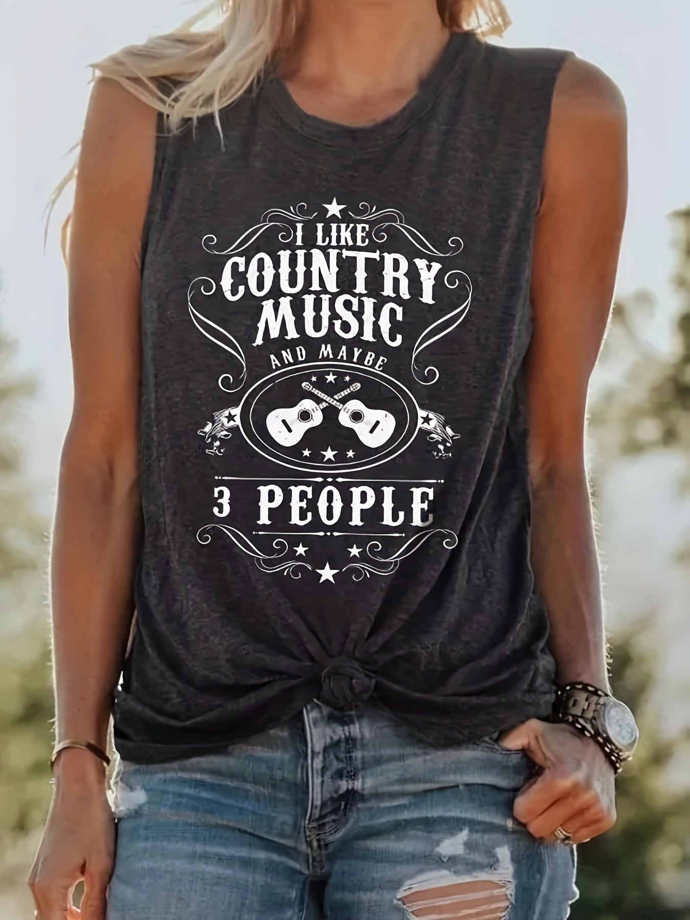 Guitar & Letter Print Tank Top Crew Neck Summer Sleeveless Top