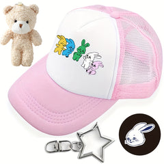 4pcs Set Rabbit Baseball Cap & Bear Rabbit Brooch Keychain Kpop Trucker Hat