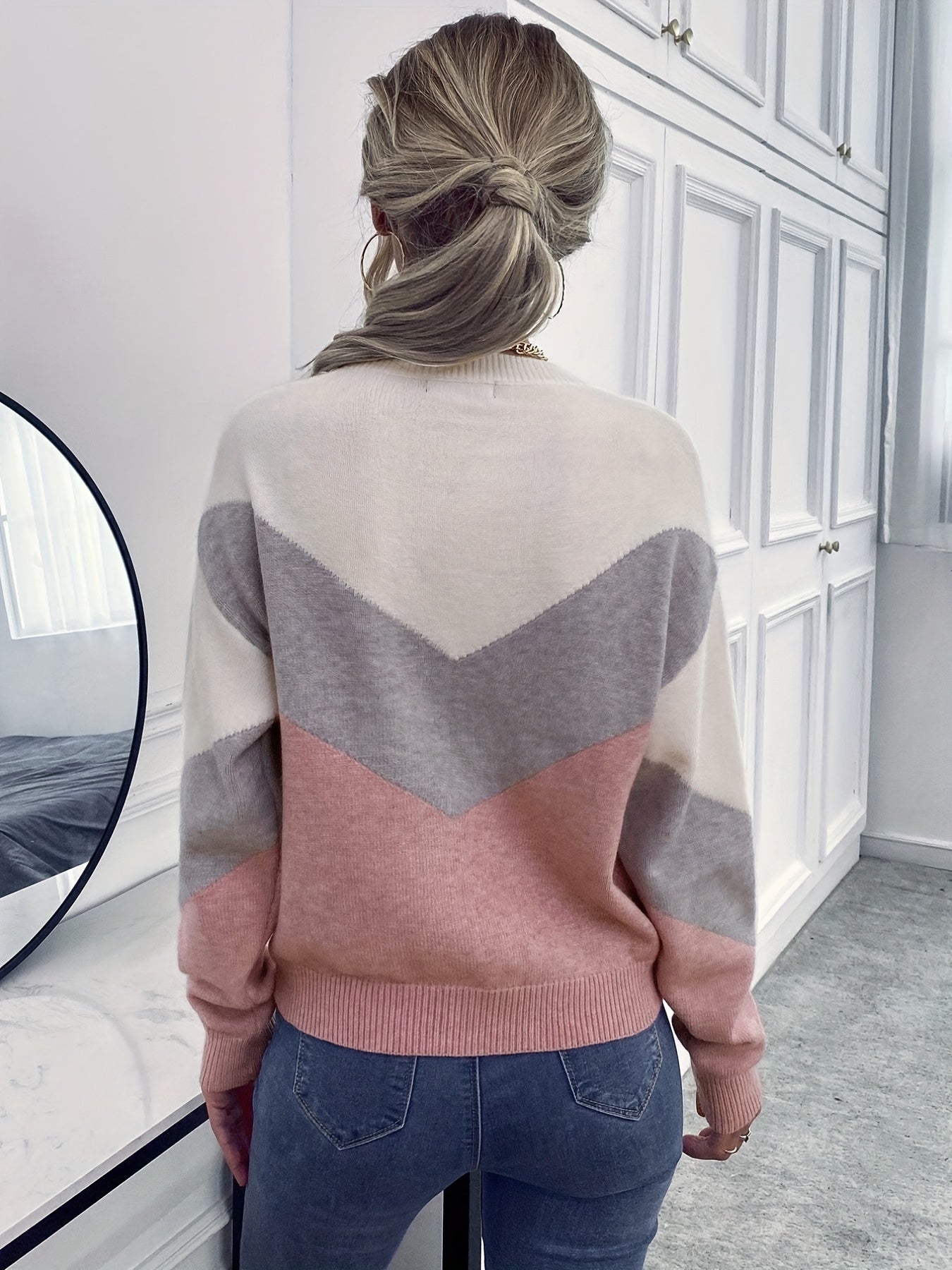 Block Crew Neck Sweater Long Sleeve Casual Fall Winter Women's