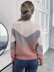 Block Crew Neck Sweater Long Sleeve Casual Fall Winter Women's