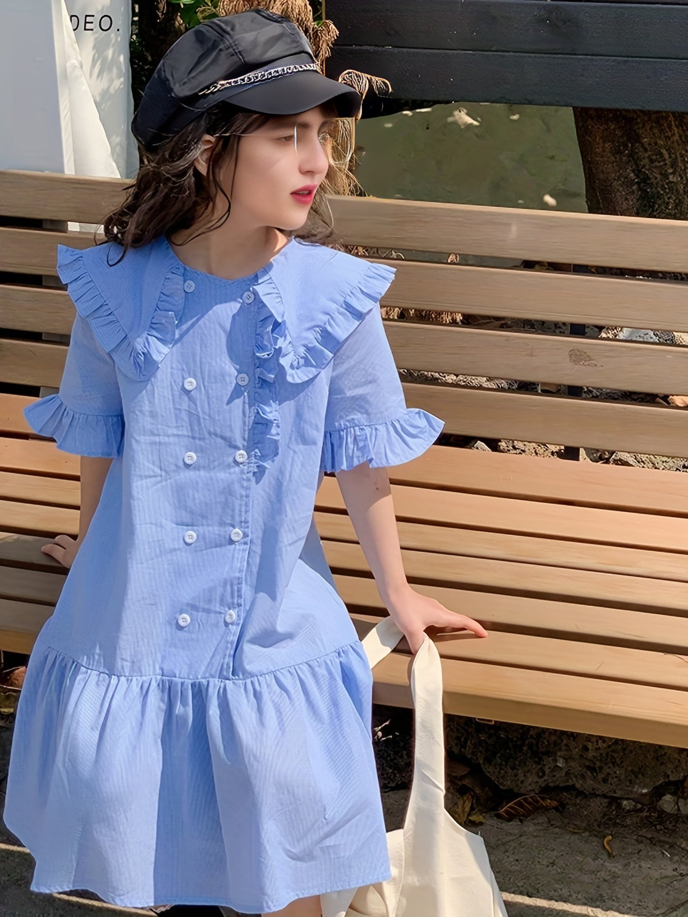 Girl's Cotton One piece Dress Button Decor Short Sleeve Crew Neck Dress