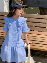 Girl's Cotton One piece Dress Button Decor Short Sleeve Crew Neck Dress
