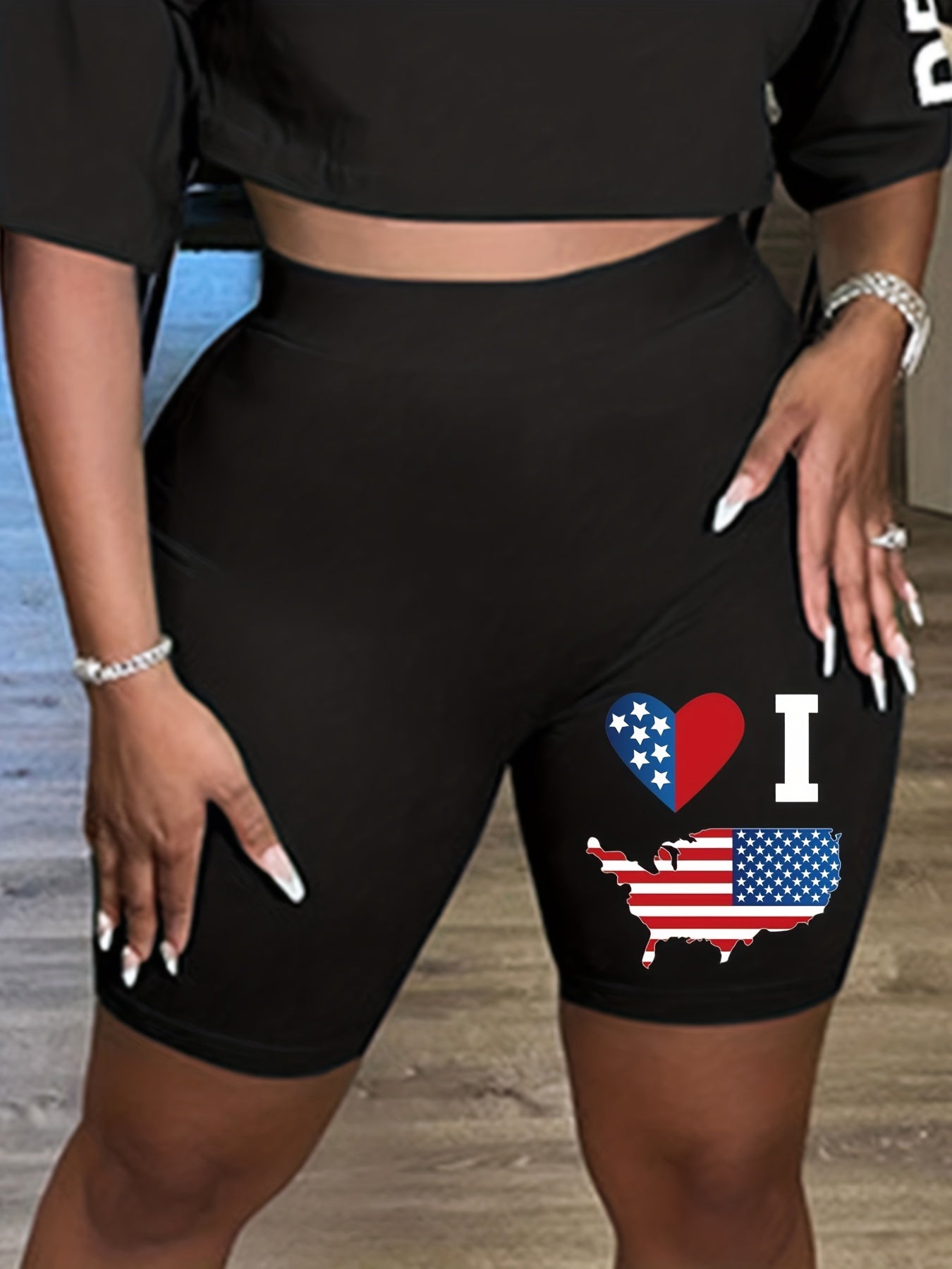 Independence Casual Shorts Women's Plus Flag Print Biker Shorts