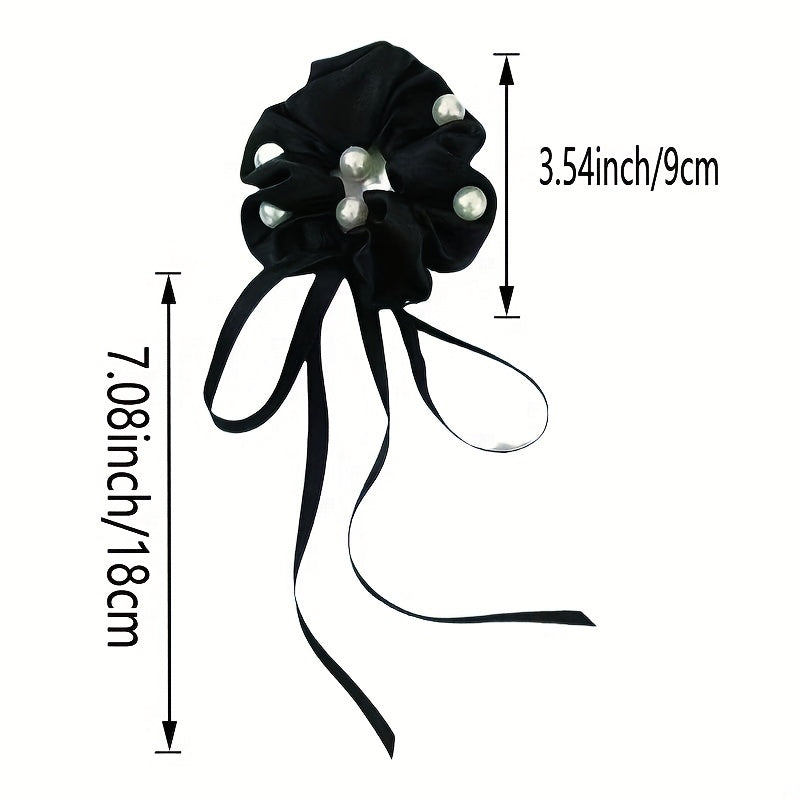 Faux Pearl Scrunchies Hair Tie Ribbon Tassel Hair Rope Satin Soft Ponytail