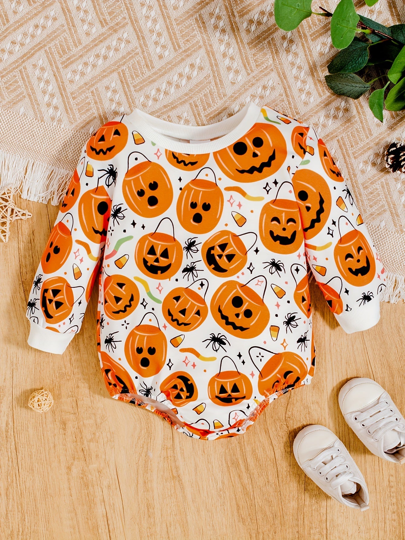 Baby Girls Pumpkin Head Full Print Pullover Romper Creeper