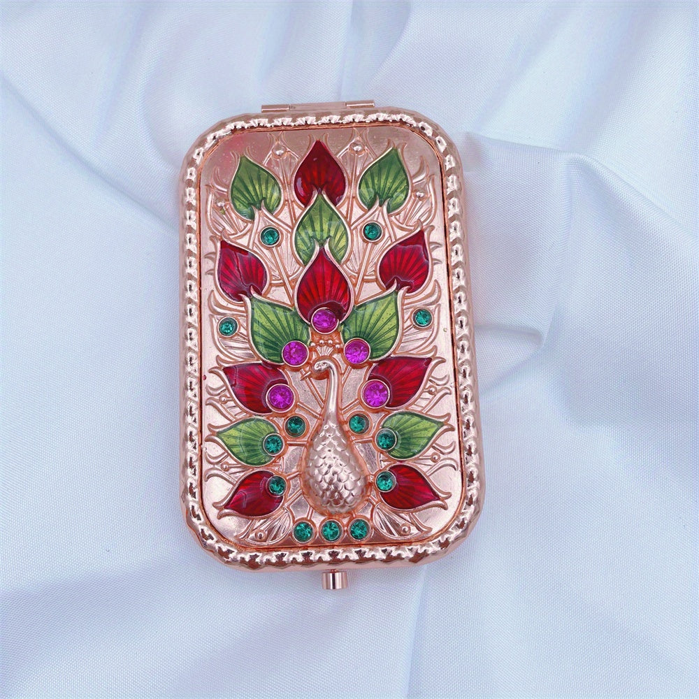Vintage Peacock Vanity Mirror Compact Magnifying Glass Rhinestones Metal