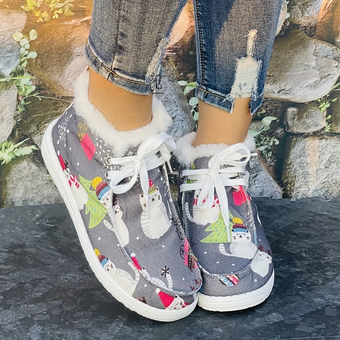Christmas Tree & Cat Cartoon Pattern Women's Warm Flat Boots
