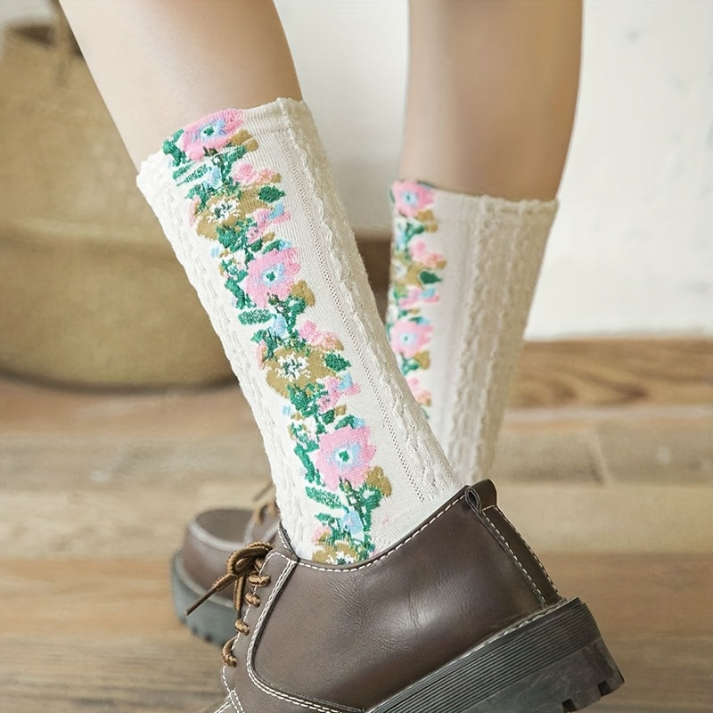 5 Pairs Floral Print Socks Mid Tube Women's Stockings Hosiery