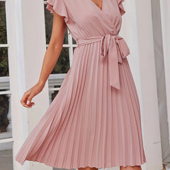 Surplice Neck Pleated Dress Solid Ruffle Trim Party Dress
