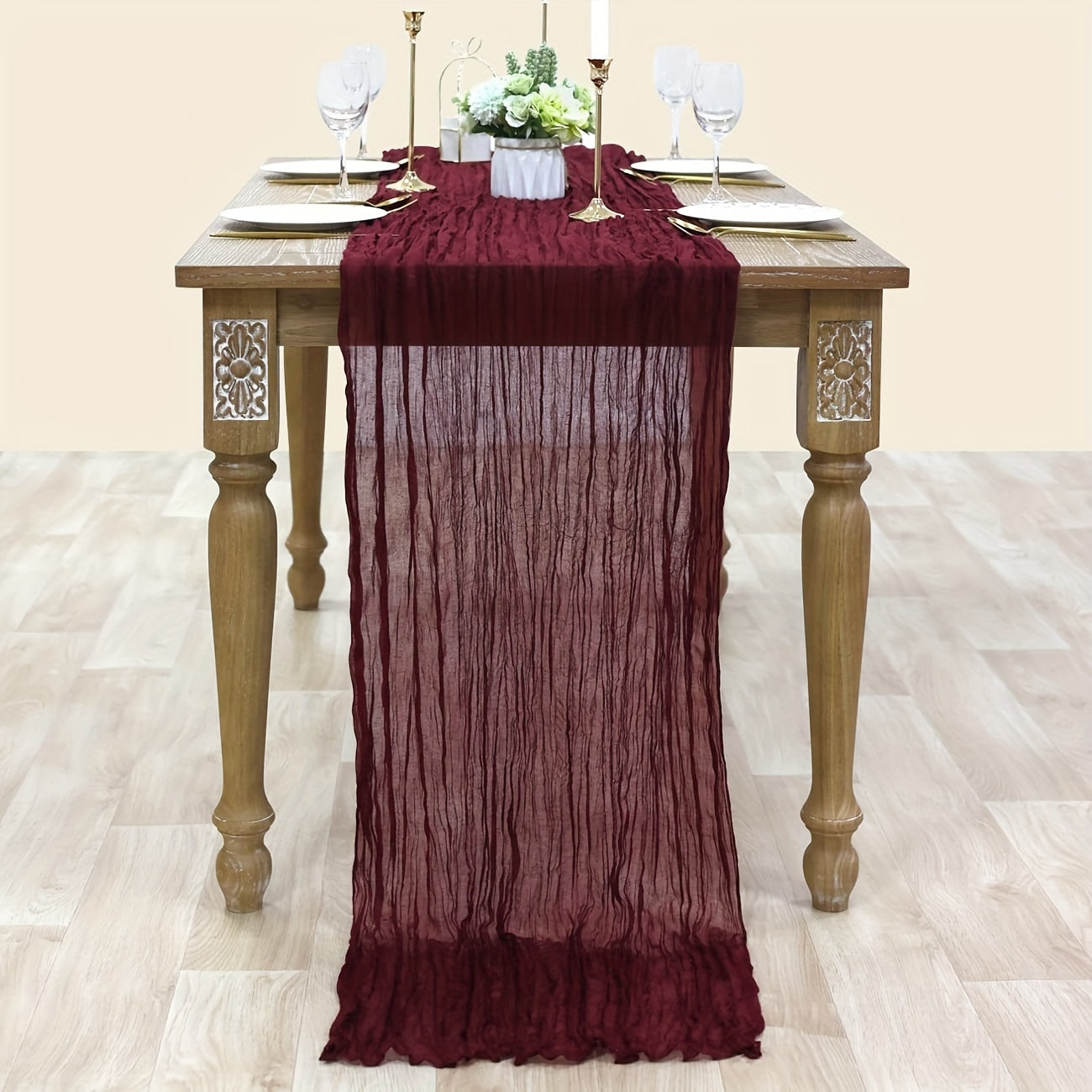 Vintage Burgundy Cheesecloth Table Runner for Weddings and Parties