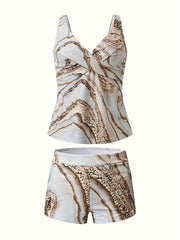 Women's Plus Marble Print Tankini Set with Wrap Cross Front Tank Top & Shorts