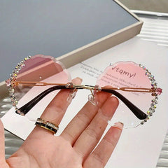 Rhinestone Decor Rimless Sunglasses Gradient Lens Flower Shaped Round Glasses