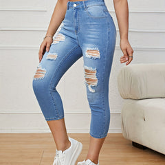 Ripped Holes Skinny Jeans Slim Fit Slash Pockets Slight Stretch