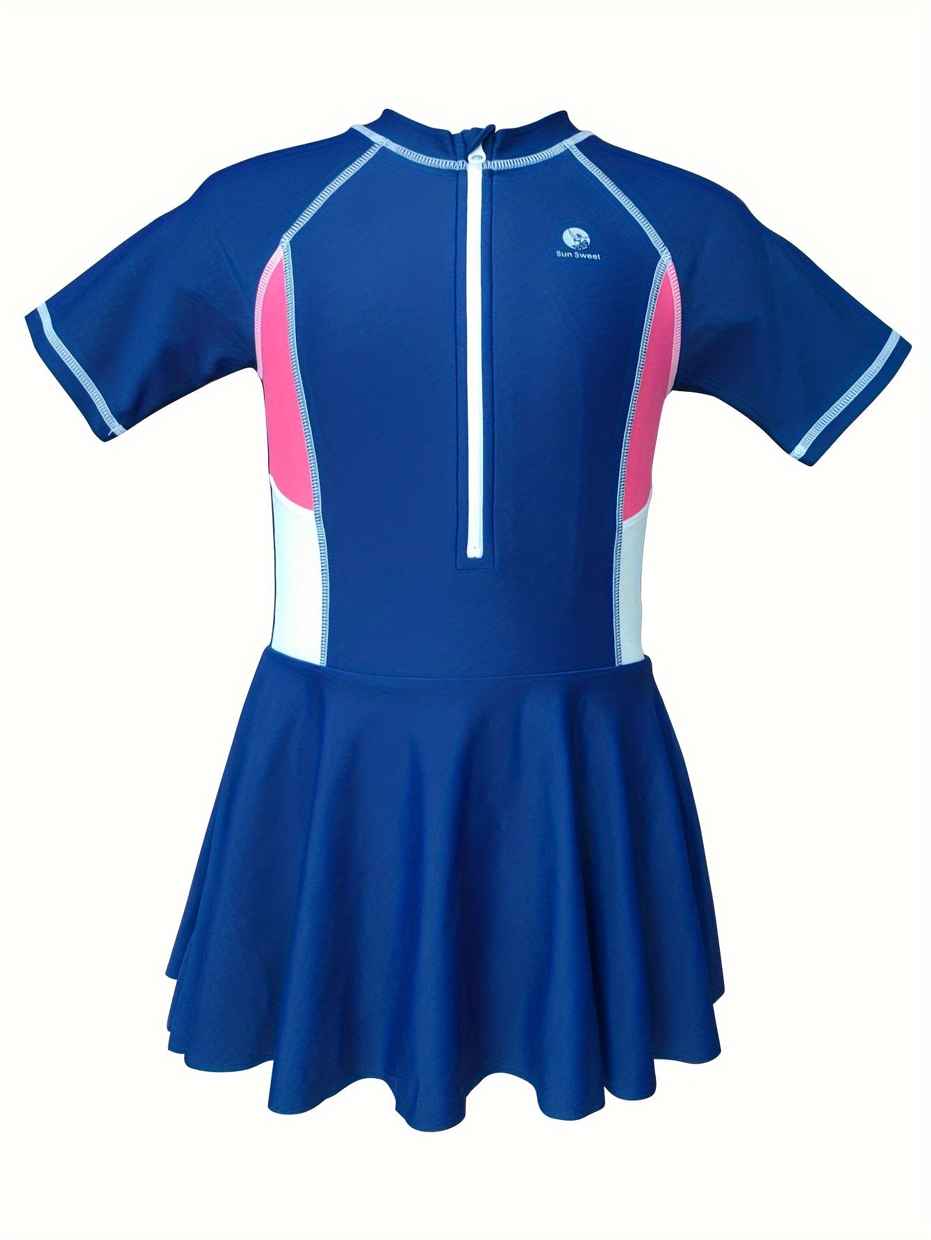 Girls Colorblock Short Sleeve 1pc Swimwear With Swim Cap
