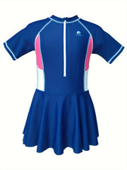 Girls Colorblock Short Sleeve 1pc Swimwear With Swim Cap