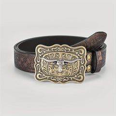 Cattle Long Horn Buckle Floral Pattern Belt Western Cowboy Leather Vintage Belt