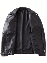 PU Biker Jacket Men's Casual Solid Zip Up Lapel Faux Leather Jacket