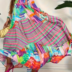 Patchwork Print Lantern Sleeve V Neck Maxi Dress