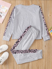 Girls Patchwork Leopard Crew Neck Long Sleeve Loungewear