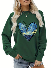 Heart Print Sweatshirt Crew Neck Long Sleeve for Fall & Winter