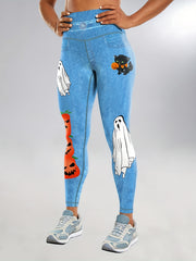 Halloween Pumpkin & Ghost Leggings Tummy Control High Waist Yoga Fitness Tights