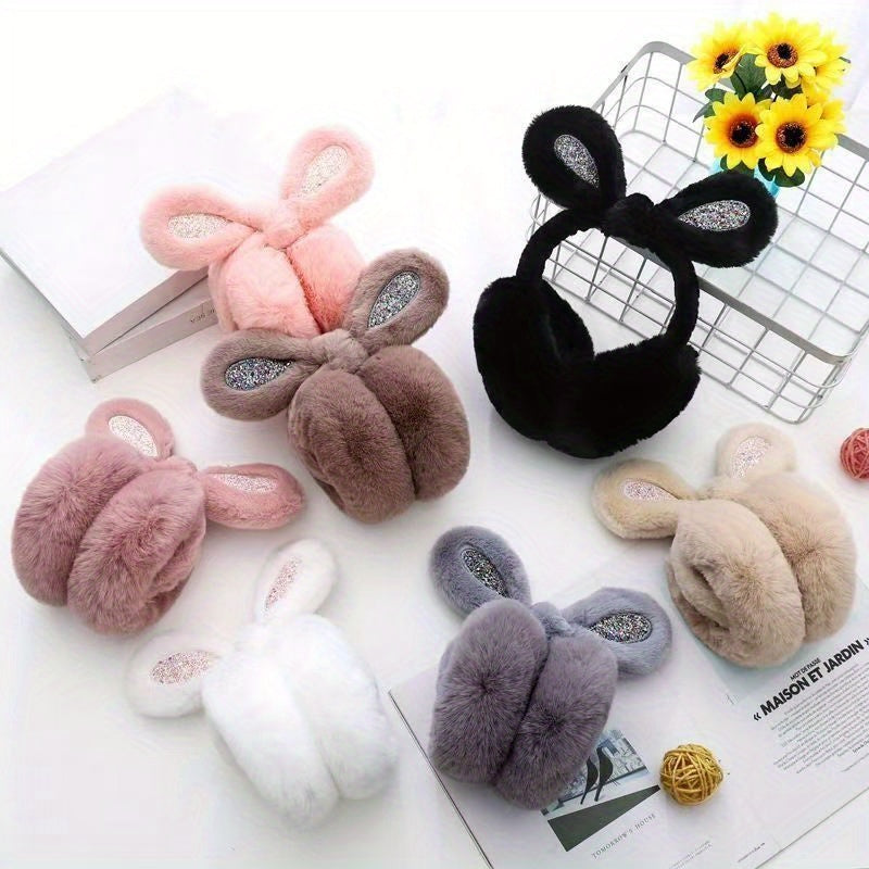 Plush Rabbit Ear Warmers Glitter Accents Cozy Winter Earmuffs for Women
