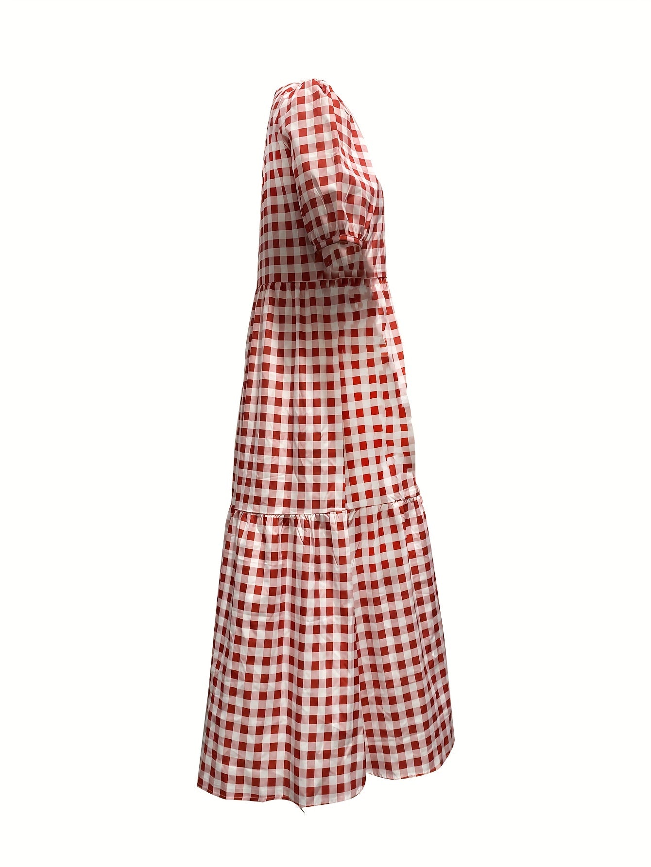 Plaid Print Puff Sleeve Tiered Dress Casual Dress For Spring & Summer