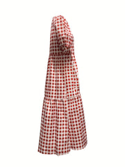 Plaid Print Puff Sleeve Tiered Dress Casual Dress For Spring & Summer
