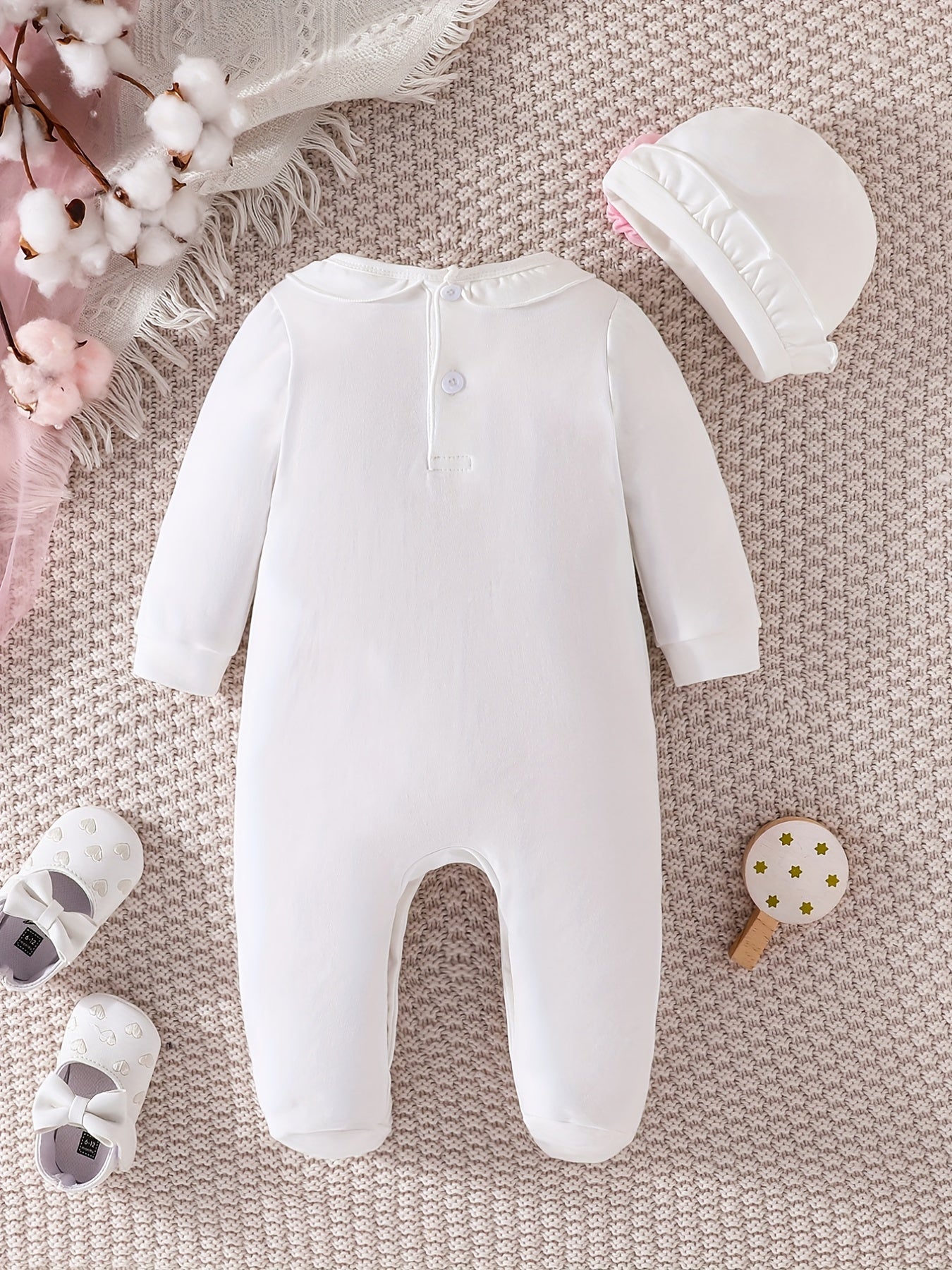 Baby Girl's Romper Ruffle Crew Neck Jumpsuit & Hat Set