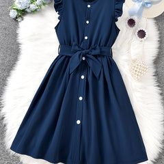 Girls Ruffled Sleeveless Dress with Bow Belt