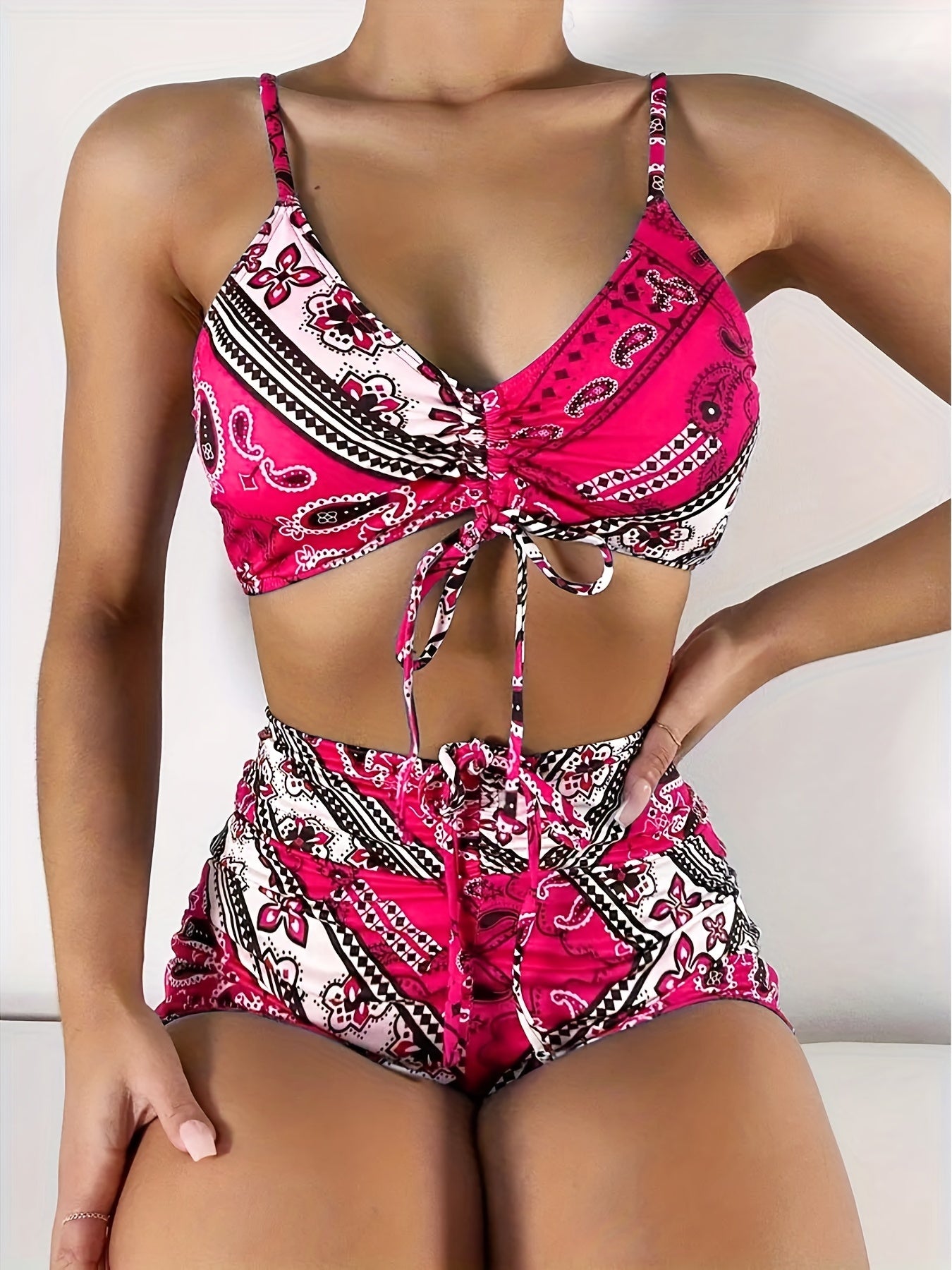 Print V Neck Bikini Sets Tie Front Boxer Short Bottoms Two Pieces Swimsuit