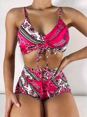 Print V Neck Bikini Sets Tie Front Boxer Short Bottoms Two Pieces Swimsuit