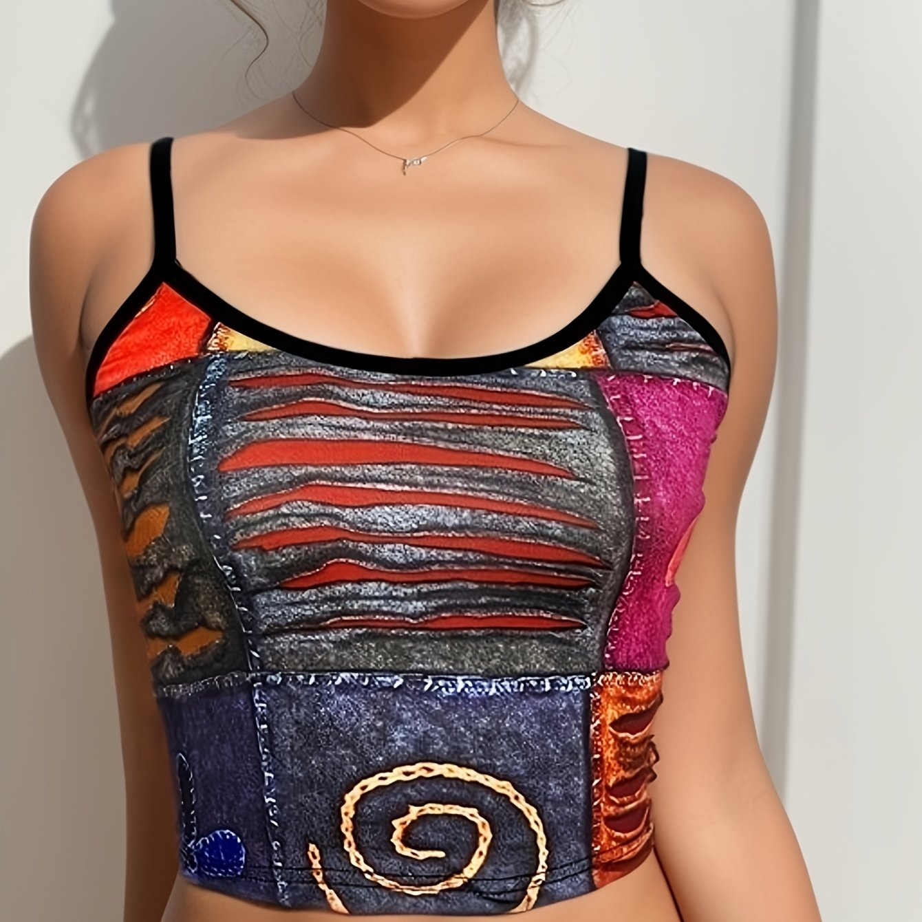 Patchwork Print Crop Cami Top Spaghetti Strap Summer Women's Clothing