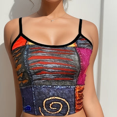 Patchwork Print Crop Cami Top Spaghetti Strap Summer Women's Clothing