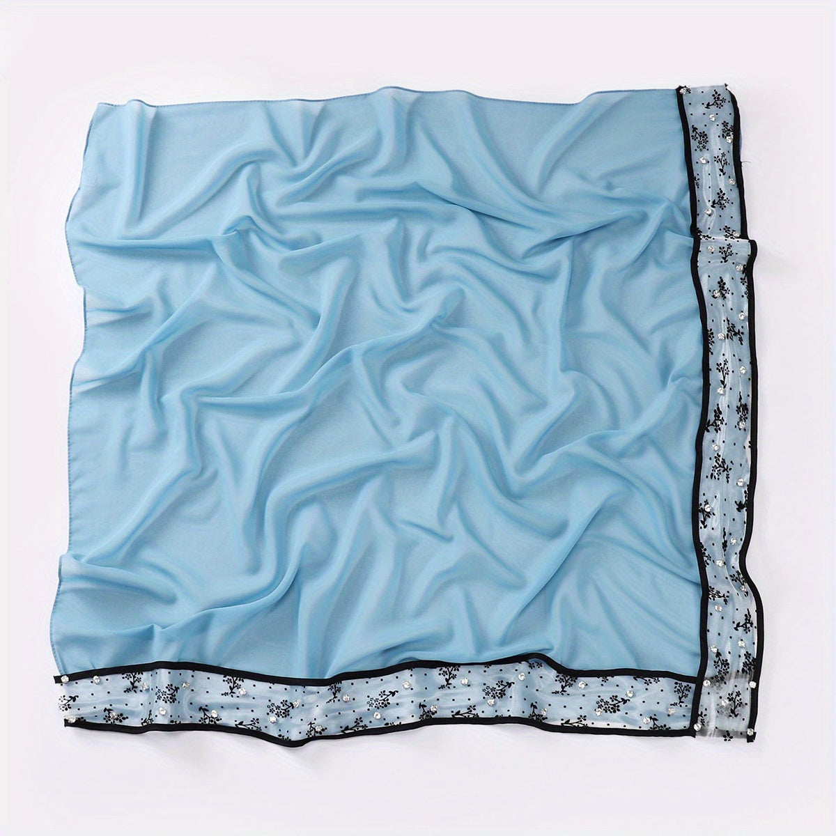 Chiffon Square Scarf Faux Pearl Decor Lace Hijab Solid Head Wrap