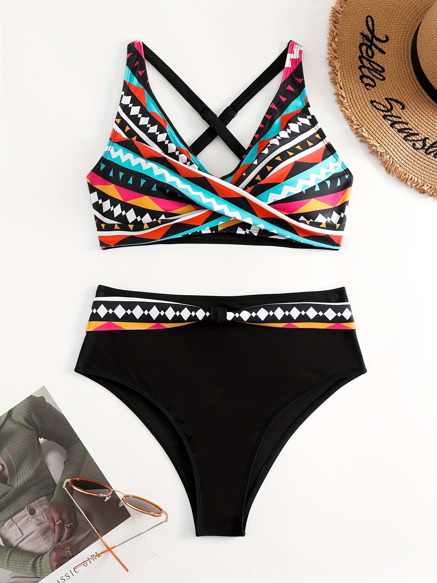 Geometric Print Twist 2 Piece Set Bikini Cross Back High Waist Swimsuit