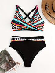 Geometric Print Twist 2 Piece Set Bikini Cross Back High Waist Swimsuit