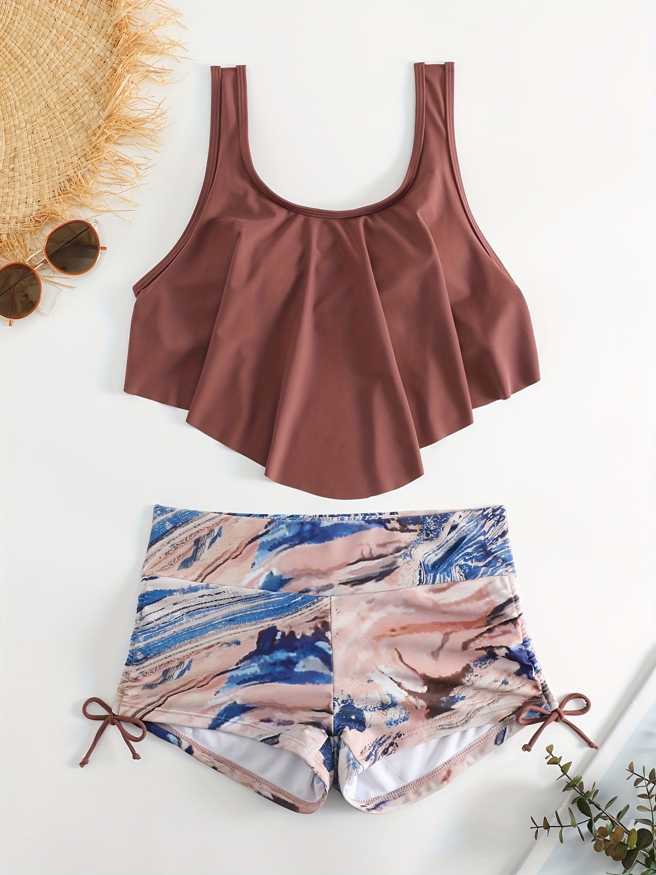 Print Ruffled Trim Tankini Set Tie Side Boxer Short 2Pc Swimsuit