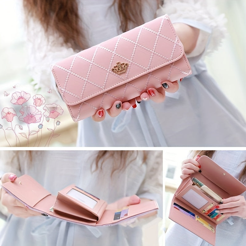 Pink Argyle Trifold Wallet Sweet PU Leather Credit Card Organizer & Card Holder