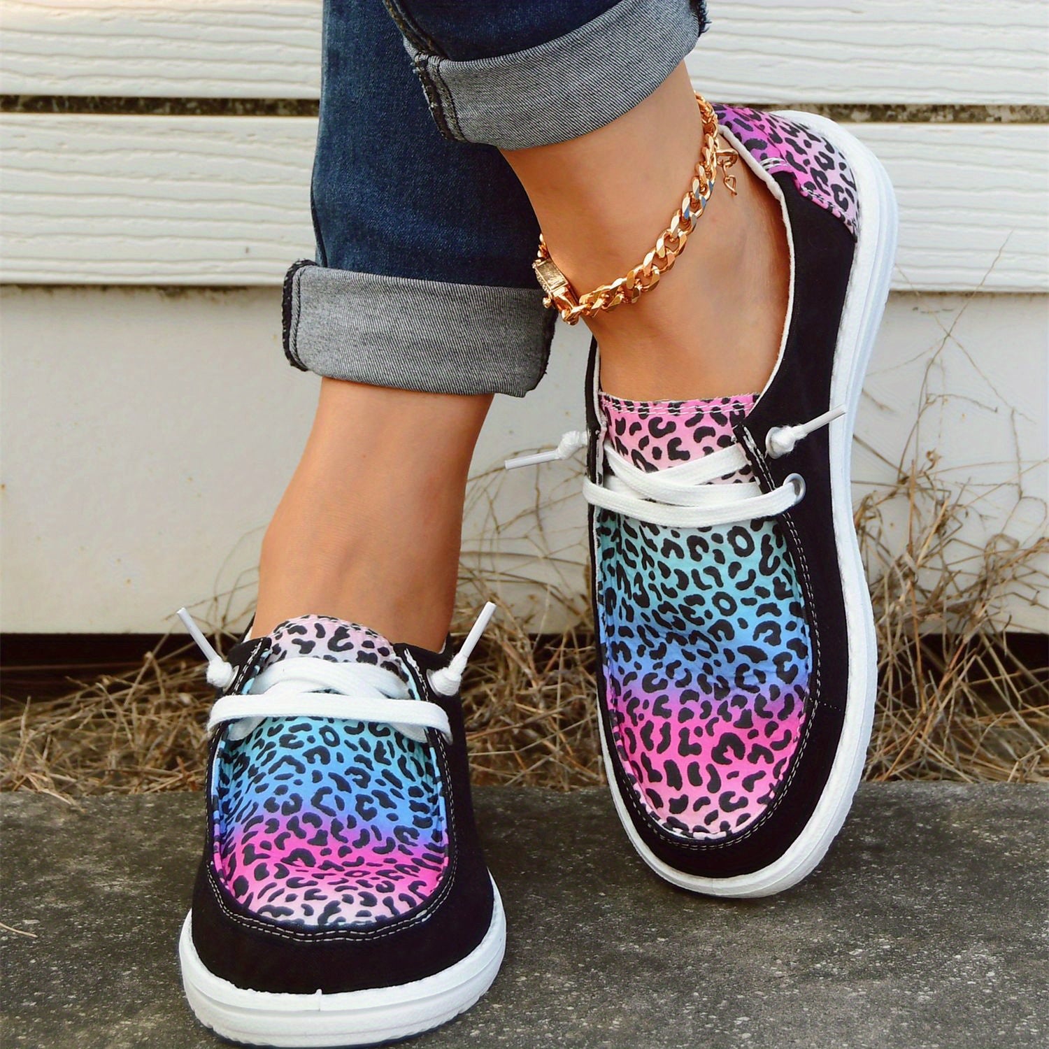 Leopard Print Boat Shoes Lace Up Casual Canvas Sneakers Lightweight