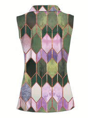 Geo Pattern Collar Tank Top Zip Up Casual Top For Summer