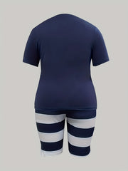 Women's Plus Size Letter & Anchor Print Top & Striped Shorts Set