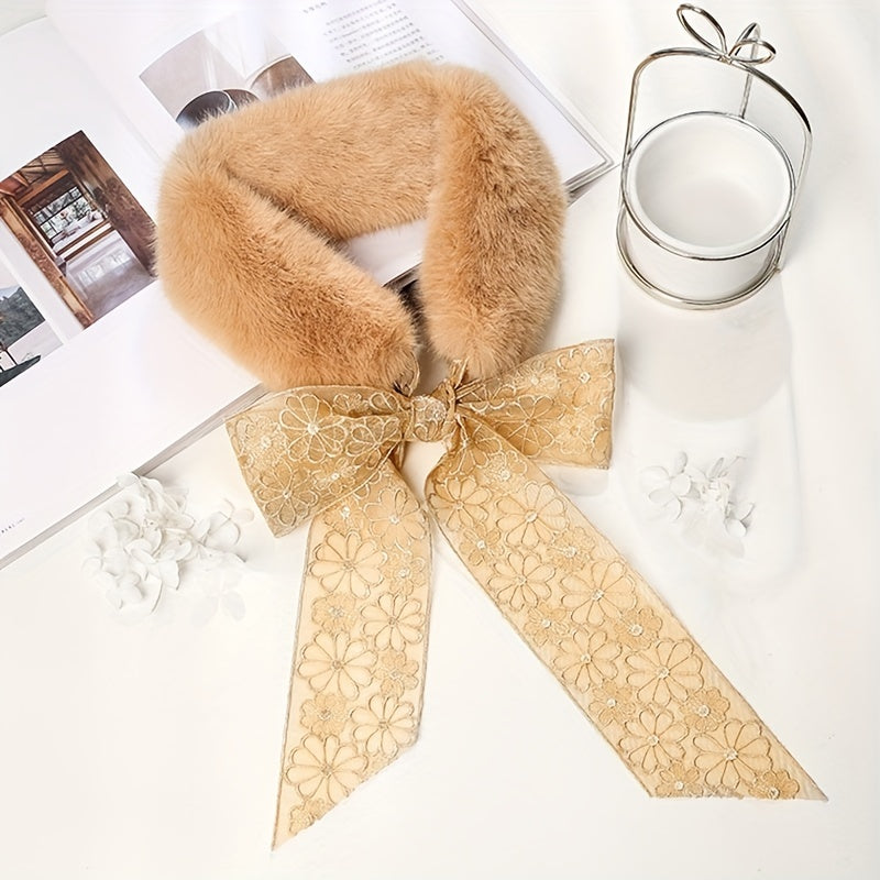 Rabbit Fur Neck Scarf Lace Small Scarf Bow Tie Solid Warm For Women