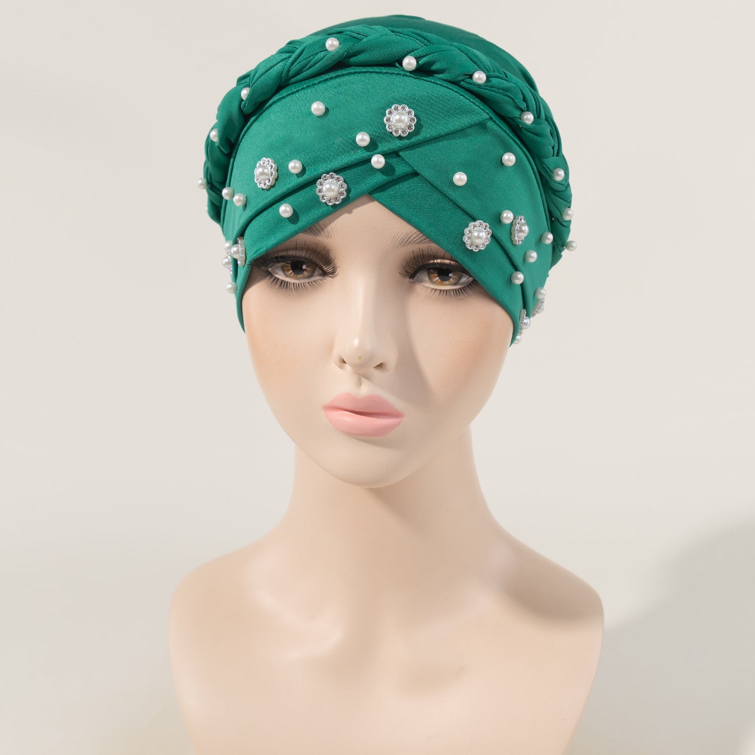 Faux Pearl Flower Turban Cap Braided Twist Head Wrap Head Scarf