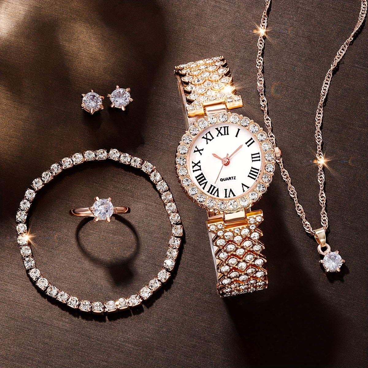 Rhinestone Decorated Quartz Watch & 5pcs Jewelry Set for Girls