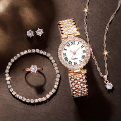 Rhinestone Decorated Quartz Watch & 5pcs Jewelry Set for Girls