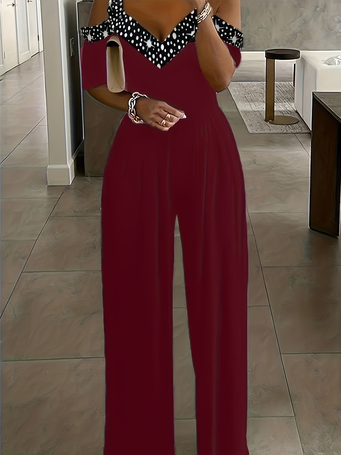 Colorblock Star Print Cold Shoulder Jumpsuit