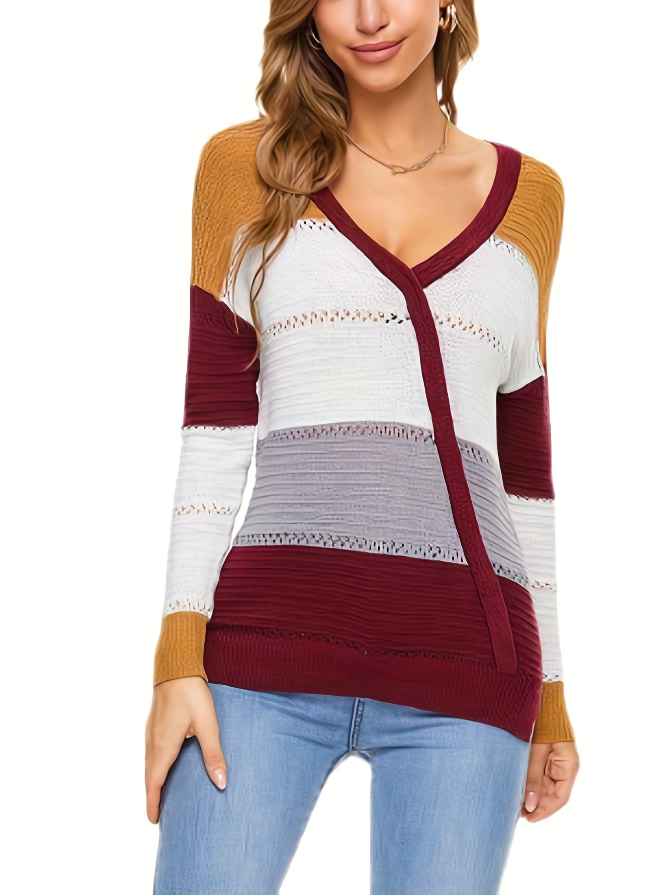 V Neck Eyelet Sweater Long Sleeve Block Casual Sweater