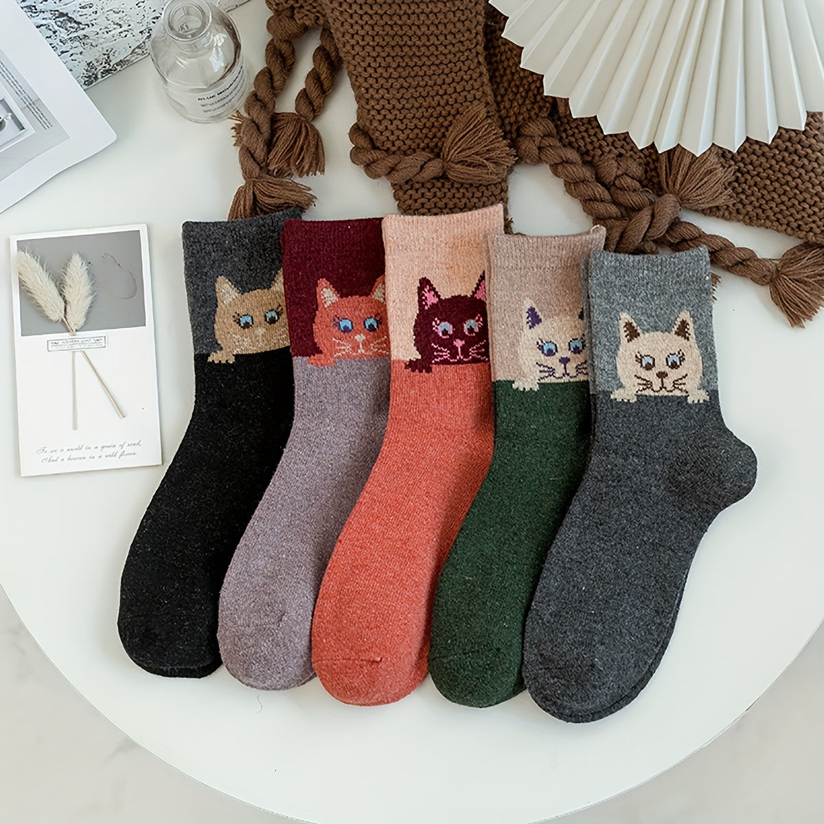 5 Pairs Cat Print Cartoon Socks Warm Mid Tube Women's Stockings